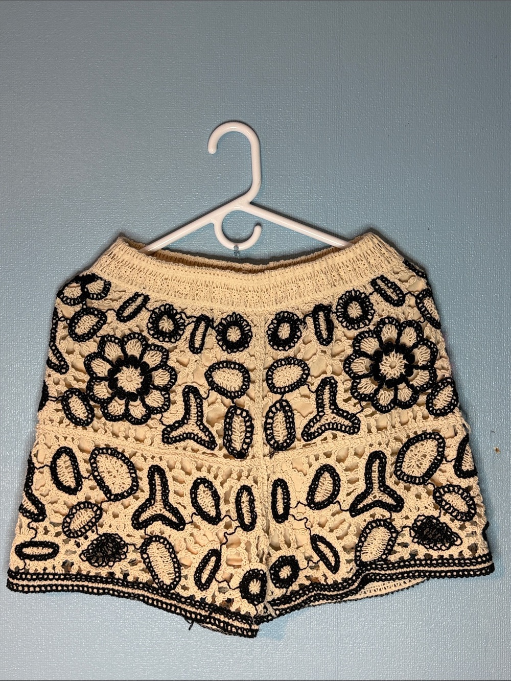 Rebellion Cream Crochet High-Waist Shorts with Black Floral Detail